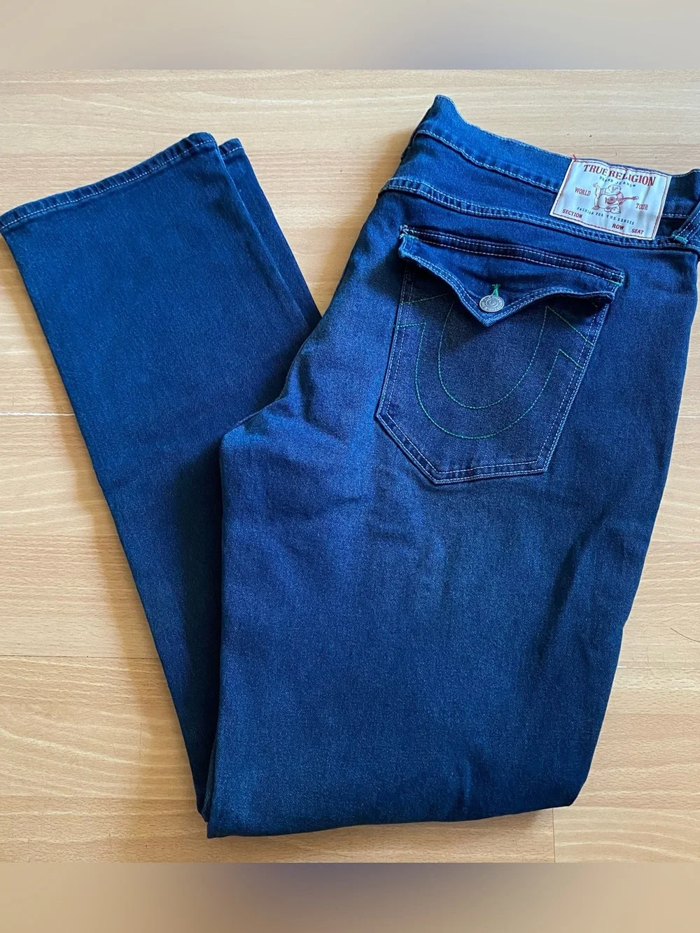 True Religion Ricky Relaxed Straight Leg Dark Wash Jeans Mens 42 Green Outline